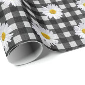 Witte madeliefjes op zwart-wit gingham cadeaupapier (Rol Hoek)