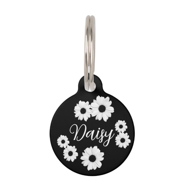 Witte madeliefjes op zwarte hond naam telefoon en  huisdierpenning (Voorkant)