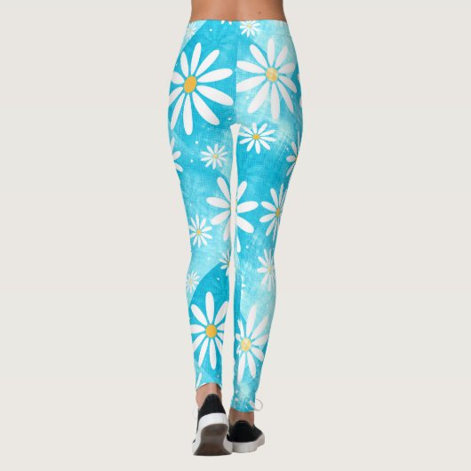 witte madeliefjes patroon blauwe verloop kleurblok leggings (Achterkant)