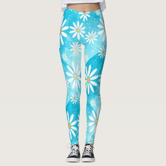 witte madeliefjes patroon blauwe verloop kleurblok leggings (Voorkant)