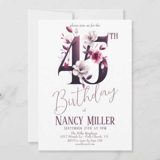 Witte & magenta bloemen 45e verjaardag uitnodiging (Voorkant)