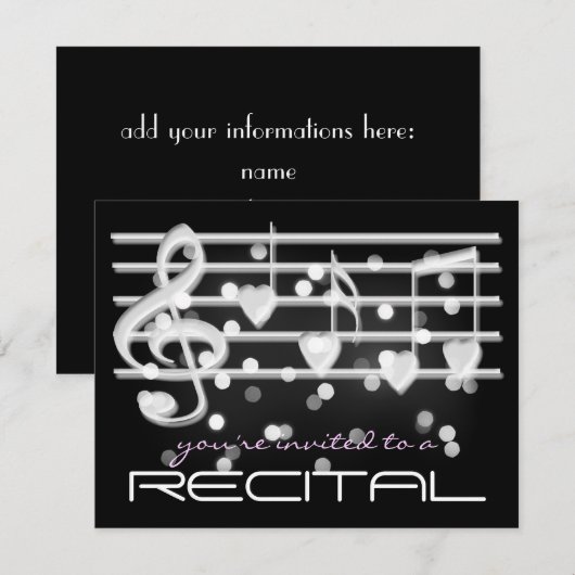 witte magische noten muziek recital uitnodiging (Voorkant / Achterkant)