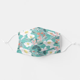 Witte Magnolia & Berry Patroon Licht Blauwgroen Stoffen Mondkapje