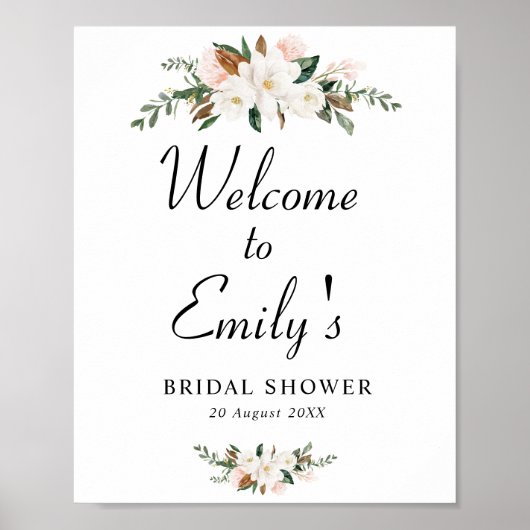 witte magnolia bloem bruiloftsshower welkomstbord poster (Voorkant)