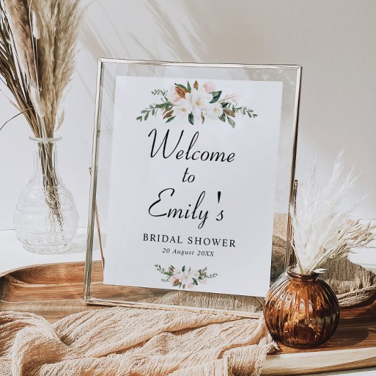 witte magnolia bloem bruiloftsshower welkomstbord poster