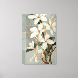 Witte Magnolia Bloem Gouden Lijn Marmer Canvas Afdruk