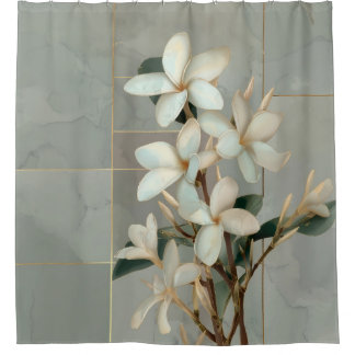 Witte Magnolia Bloem Gouden Lijn Marmer Douchegordijn