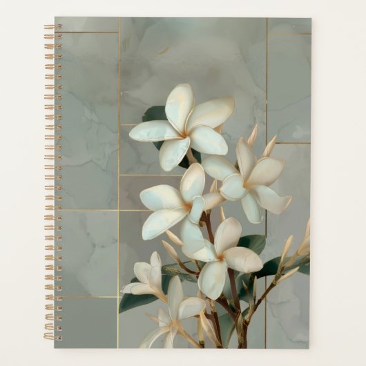 Witte Magnolia Bloem Gouden Lijn Marmer Planner (Voorkant)