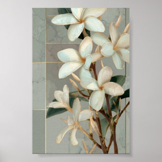 Witte Magnolia Bloem Gouden Lijn Marmer Poster
