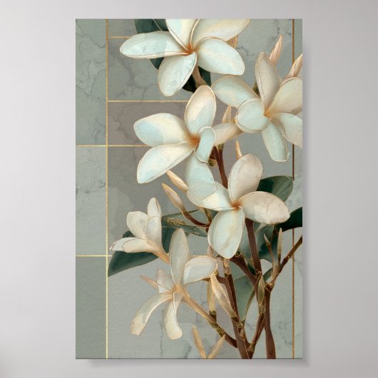 Witte Magnolia Bloem Gouden Lijn Marmer Poster (Voorkant)