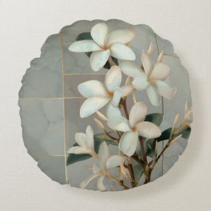 Witte Magnolia Bloem Gouden Lijn Marmer Rond Kussen