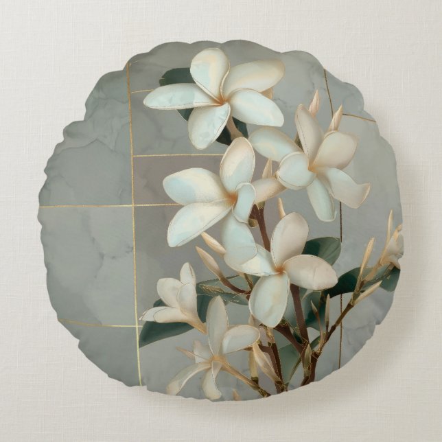 Witte Magnolia Bloem Gouden Lijn Marmer Rond Kussen (Voorkant)