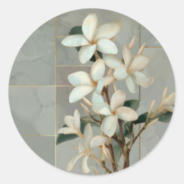 Witte Magnolia Bloem Gouden Lijn Marmer Ronde Sticker