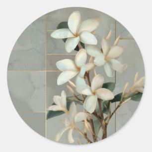Witte Magnolia Bloem Gouden Lijn Marmer Ronde Sticker