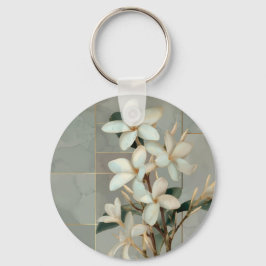 Witte Magnolia Bloem Gouden Lijn Marmer Sleutelhanger