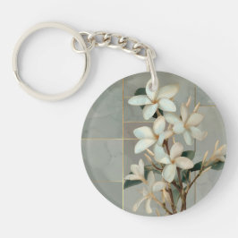 Witte Magnolia Bloem Gouden Lijn Marmer Sleutelhanger