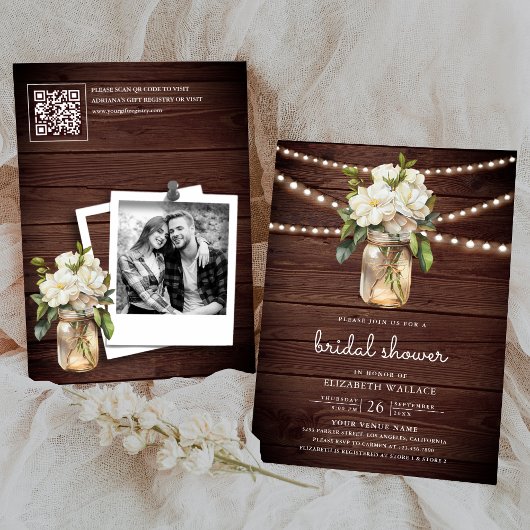 Witte Magnolia Bloem Houten QR Code Bruidsdouche Kaart