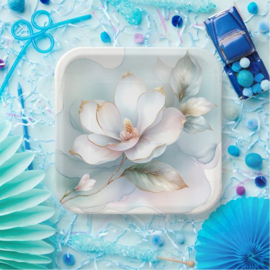 Witte Magnolia bloem met vergulde rand Papieren Bordje (Feest)