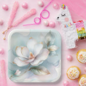 Witte Magnolia bloem met vergulde rand Papieren Bordje (Feest)