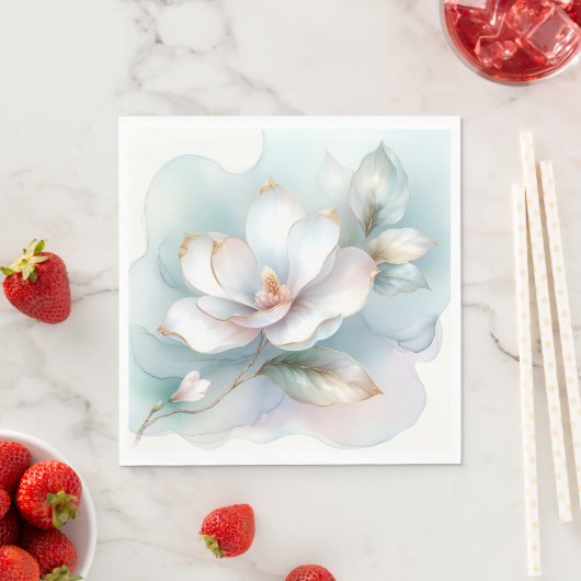 Witte Magnolia bloem met vergulde rand Servet (Insitu)