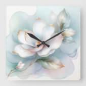 Witte Magnolia bloem met vergulde rand Vierkante Klok (Voorkant)