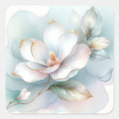 Witte Magnolia bloem met vergulde rand Vierkante Sticker (Voorkant)