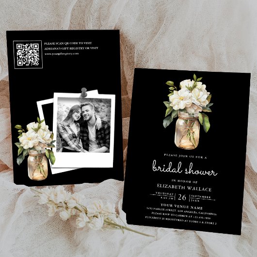 Witte Magnolia Bloem Zwarte QR Code Bruiloftsuitno Kaart