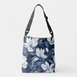 Witte Magnolia bloemen, blauwe achtergrond Crossbody Tas