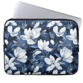 Witte Magnolia bloemen, blauwe achtergrond Laptop Sleeve