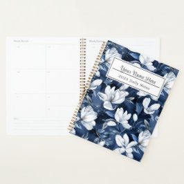 Witte Magnolia bloemen, blauwe achtergrond Planner