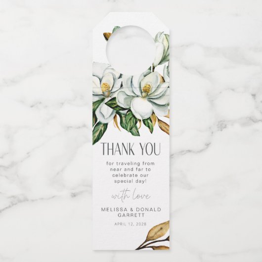 Witte Magnolia Bloemen bruiloft Dank u Flessenhanger (Voorkant)
