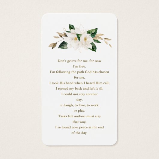 Witte Magnolia Bloemen Foto Funeral Gebed Visitekaartje (Achterkant)