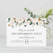 Witte magnolia bloemen housewarming party kaart (Staand voorkant)