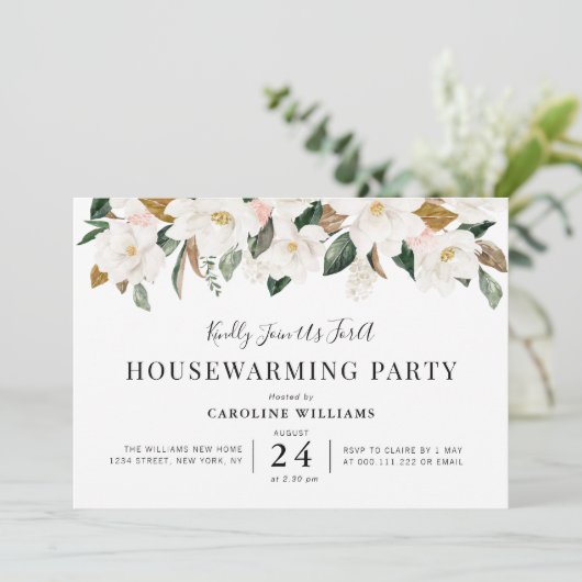 Witte magnolia bloemen housewarming party kaart (Staand voorkant)