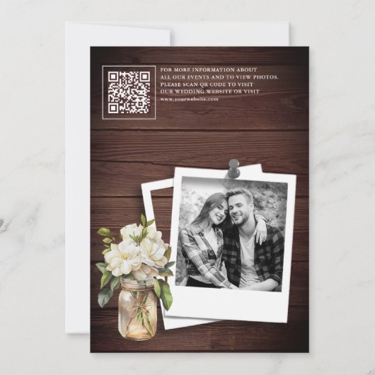 Witte Magnolia Bloemen Hout QR Code Trouwfoto Save The Date (Achterkant)