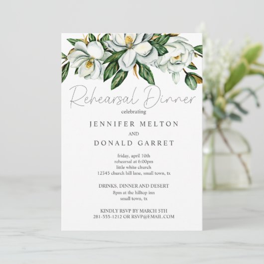 Witte Magnolia Bloemen Huwelijk Repetitie Diner Kaart (Staand voorkant)