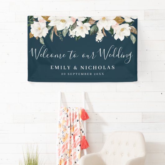 Witte Magnolia Bloemen Huwelijk Welkom Spandoek (Insitu)