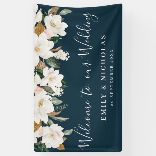 Witte Magnolia Bloemen Huwelijk Welkom Spandoek (Verticaal)