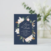 Witte Magnolia Bloemen Marine Blauw Bewaar de datu Briefkaart (Staand voorkant)