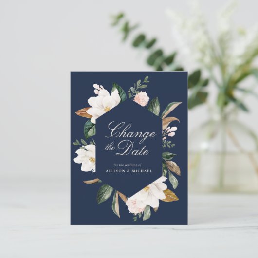 Witte Magnolia Bloemen Marine Blauw Wijzig de datu Briefkaart (Staand voorkant)