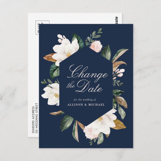 Witte Magnolia Bloemen Marine Blauw Wijzig de datu Briefkaart (Voorkant / Achterkant)