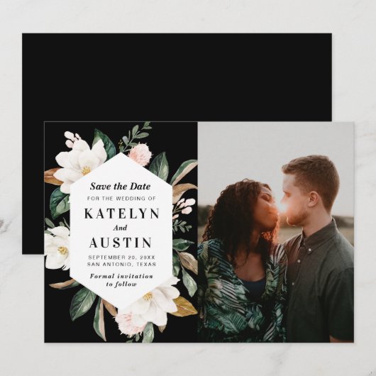 Witte Magnolia Bloemen Moderne foto Bewaar de datu Save The Date (Voorkant / Achterkant)