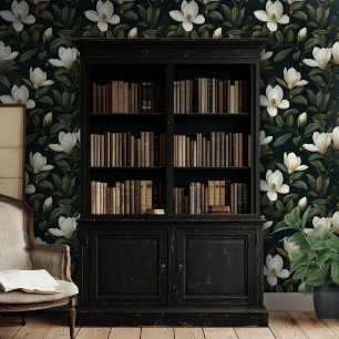 Witte Magnolia Bloemen Patroon Zwart Achtergrond Behang