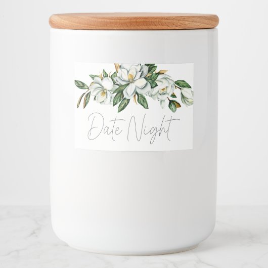 Witte Magnolia Bloemen Rustiek Datum Night Jar Voedselcontainer Etiket (Voorkant)