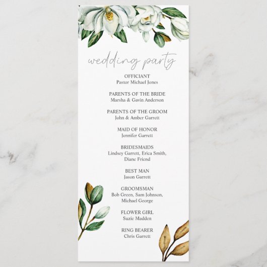 Witte Magnolia Bloemen Rustiek Trouwprogramma Programmakaart (Achterkant)