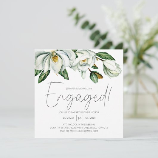 Witte Magnolia Bloemen Rustiek Verloving Uitnodigi (Staand voorkant)