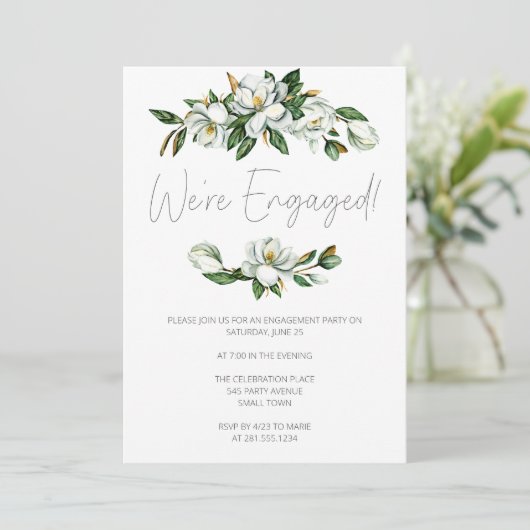 Witte Magnolia Bloemen Rustiek Verloving Uitnodigi Kaart (Staand voorkant)