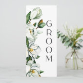 Witte Magnolia Bloemen Rustieke Trouwstoel Teken Menu (Staand voorkant)