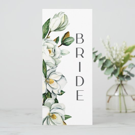 Witte Magnolia Bloemen Rustieke Trouwstoel Teken Menu (Staand voorkant)