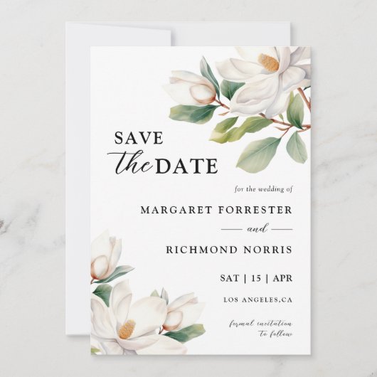 Witte Magnolia Bloemen Trouwen Save The Date Kaart (Voorkant)